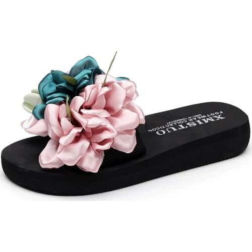 Women Low Wedge Slides Ladies Slipper Bohemia Sandals Summer Beach Platform Shoes Colorful Flowers Flip Flops