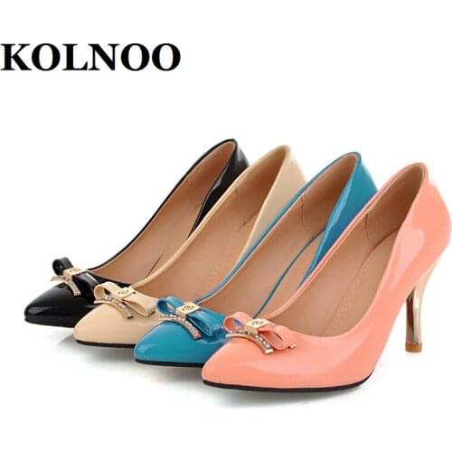 KOLNOO New Simple Style Handmade Ladies High Heels Pumps Butterfly-Knot Patent Leather Slip-On Office Party Fashion Court Shoes