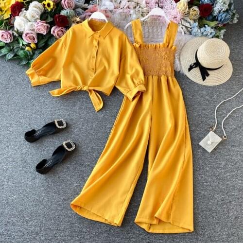 Women 2021 Spring Summer Solid Thin Coat Fashion Two Pieces Sets Half Sleeve Jacket + High Waist Wide Legs Jumpsuit Female H1015
