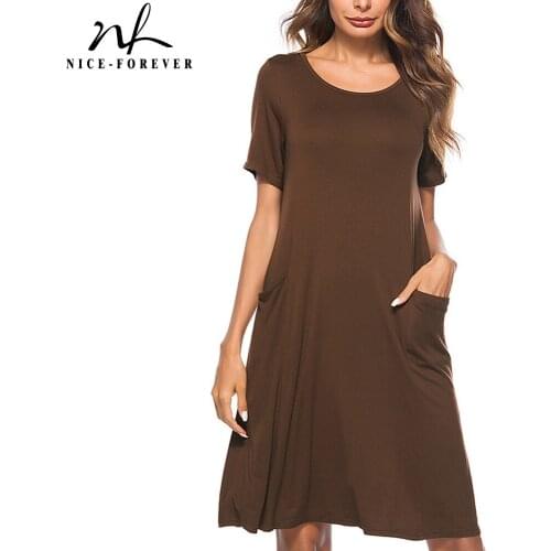 Nice-forever Summer Pure Color with Pocket Dresses Casual Straight Loose Shift Women Dress T027
