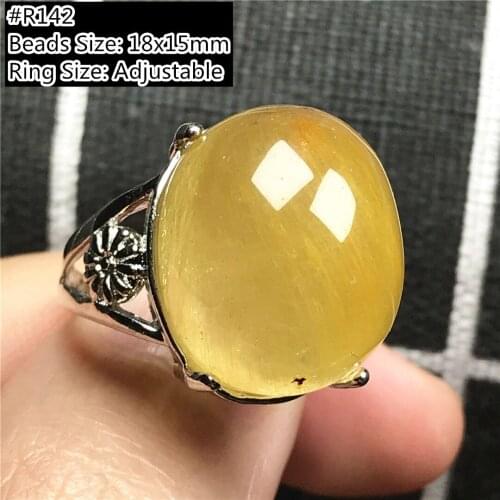 18mm Natural Gold Rutilated Quartz Ring For Women Man Crystal Oval Beads Silver Wealth Luck Stone Adjustable Ring Jewelry AAAAA
