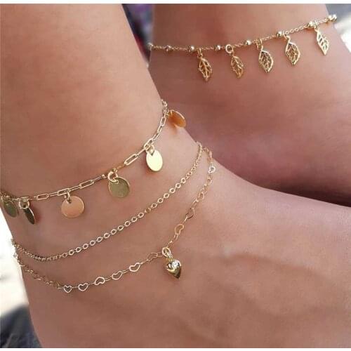 4 Pcs/Set Boho Women Anklets Set Heart Leaf Sequins Round Chain Pendant Gold Multilayer Anklet Lady Charm Party Jewelry Gift