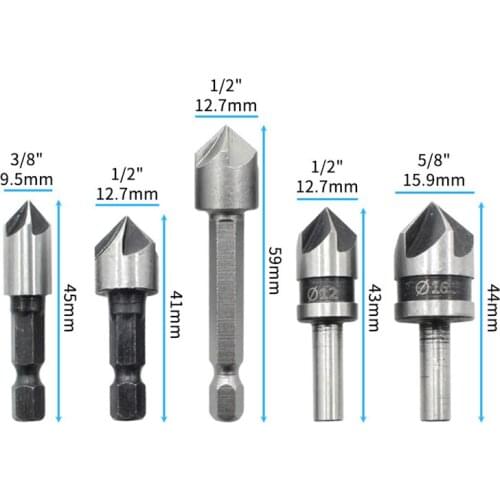 5PCS carbon steel 82 degrees round shank five-edge chamfer countersink woodworking hole opener Punching 9.5/12.7/15.9mm