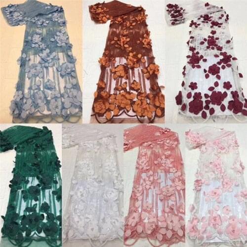 African Lace 3d flower Fabric Embroidered Nigerian beads Lace Fabric 2021 pink High Quality French Tulle Lace Fabric For Women