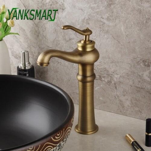YANKSMART Antique Brass Bathroom Brushed Nickel Faucet Single Handle Deck Mounted Faucet Cold & Hot Water Mixer Tap