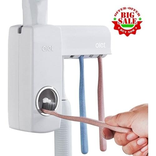 OLET 1 Set Creative Automatic Toothpaste Dispenser with Toothbrush Holder Bathroom Water Resistant Sticky Toothpaste Squeezer
