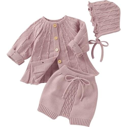 Citgeett Autumn 3Pcs Toddler Baby Girl Fall Outfits Solid Cardigan Sweater + Short Pants + Hat Winter Set Clothes