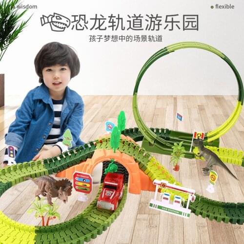 Dinosaur Railway Toy Car Track Racing Track Toy Set Educational Bend Flexible Race Track Flash Light Car Toys For Children Boys