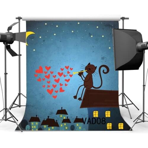 Photography Backdrops Valentines Day Red Heart Starry Night Cat House Scene Blue Toddlers Lover Portraits Background