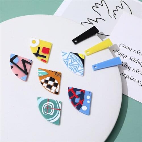 Ins style 30pcs/lot pattern print Relief effect geometry fan shape acrylic beads diy jewelry earring/garment pendant accessory