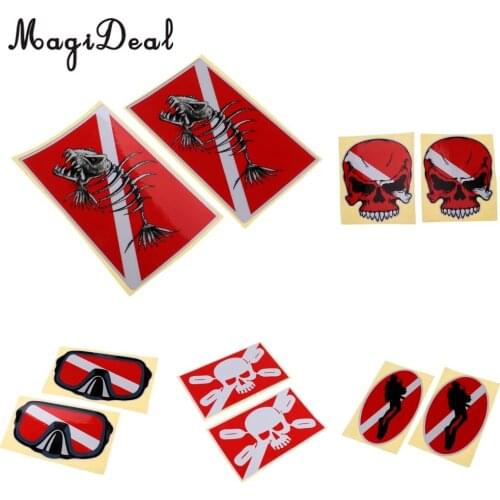 Pack 2 Large Reflective Skull, Diver Down, Fish Skeleton Sticker Decal for Scuba Diving, Snorkeling, Spearfishing, Freediving