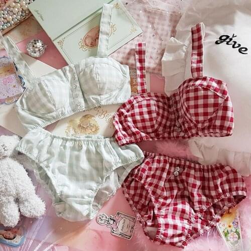 Underwear Set student girl French Vintage Small Fresh Plaid Button Strapless comfortable cotton cup sweet Bra panties Sets