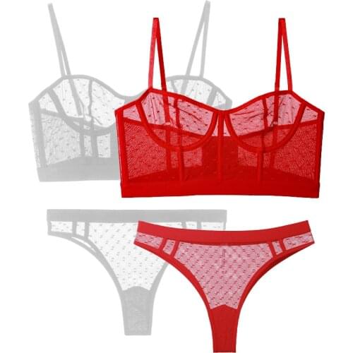 Fashion Balconette Transparent Bras And Thong Panty Sets Red Lingerie Underwire Push Up Brassiere Mesh Sexy Women Underwear Set