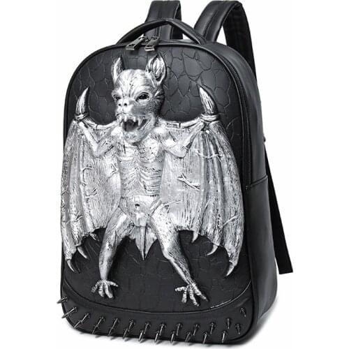JIEROTYX 3D Leather Backpack Fashion Men Bat Backpack Computer Laptop Bags Cool Travel Bags Girls School Punk Rivets Halloween