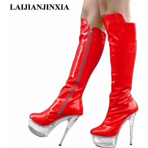 LAIJIANJINXIA Zip Sexy Women 15cm High Heels Night Clubls Knee Boot 5cm Clear Platform Shoes Dancing Shoes Pole Dance Shoes