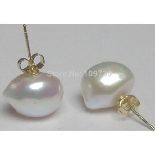 Ry00372 HOT Huge AAAA Akoya White Baroque Pearl Gold Earrings