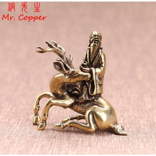 Copper Longevity God Riding Deer Statue Chinese Style Ornament Decoration Accessory Home Office Decor Crafts Figurine Collection