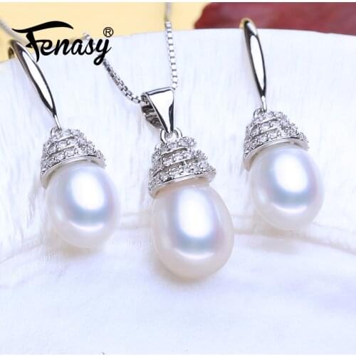 FENASY 925 Sterling Silver Jewelry Sets Natural Pearl Drop Earrings Custom Necklace Luxury Pendant Chain Necklaces For Women