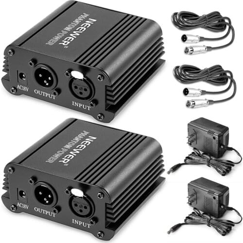 Neewer 2 Pack 1- Channel 48V Phantom Power Supply Black with Adapter for Any Condenser Microphone Music Recording Equipment