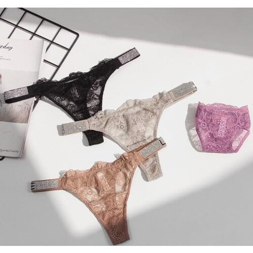 European Style Nylon Breathable Sexy Thongs Panties Women Underwear 1Pcs Rhinestone Lace Low-waisted