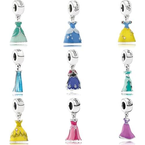 NEW Genuine 100% 925 Sterling Silver Beautiful Princess Dress Charm Beads Fit Women Pendant Necklace Bracelet Free Shipping