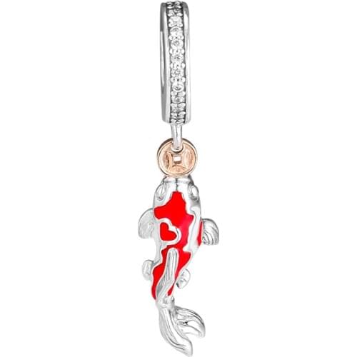 Fits For Pandora Charms Bracelets Good Fortune Carp Beads with 14K Real Gold 100% 925 Sterling-Silver-Jewelry Free Shipping