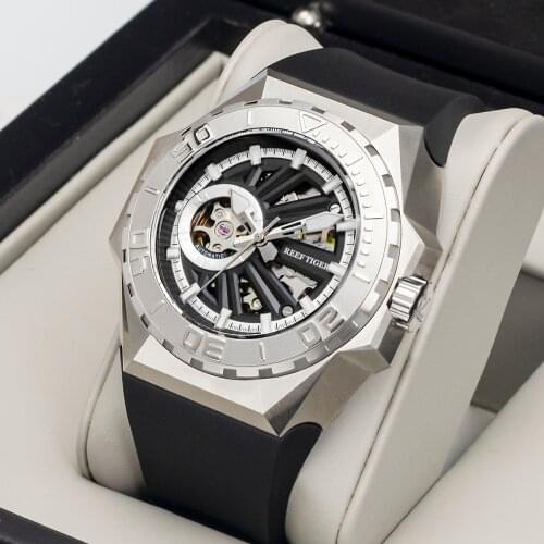 Reef Tiger/RT Men Sports Watch Dive Steel Skeleton Watch For Men Automatic Mechanical Watches Rubber Watch Accessories RGA6903-S
