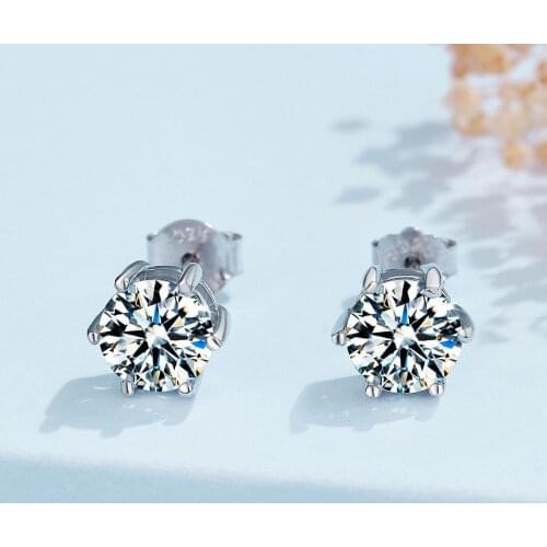925 Sterling Silver Moissanite Six Prong Earrings 0.5 1.0 2.0 CT Round Cut Very Shiny Wedding Jewelry Quality Assurance