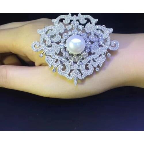 High quality 925 sterling silver with cubic zircon brooch pins natural fresh water pearl the same style as empress victoria