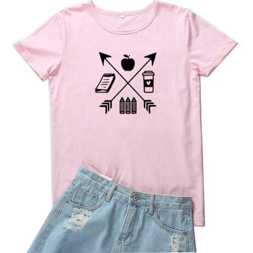 Funny Cup and Pencil Graphic Tees Women Fashion Simple Pattern Women Tshirt Vintage T Shirt Womens Loose Cotton Mujer Camisetas