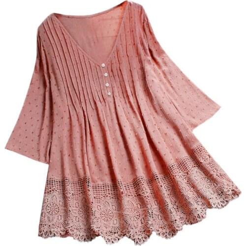 70% Hot Sell Women Half Sleeve Stitching Hollow out Floral Lace Hem Buttons Decor Blouse