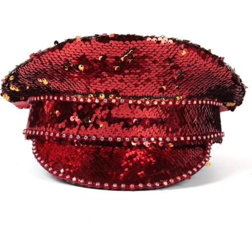 Women Sequin Burning Performance Halloween Festival Part Military Hat Steampunk Glasses Captain Sergeant Hat