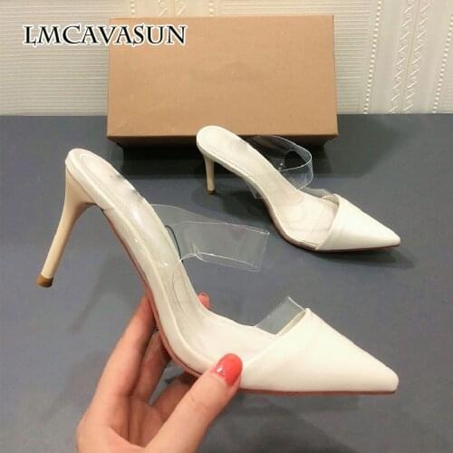 LMCAVASUN Women Sandal Spring/Summer Stiletto Mueller shoes Sexy Transparent Splice Mules Pointed Toe High heeled Shoes Women
