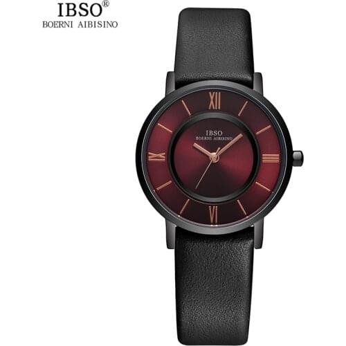 IBSO New Brand 7 MM Ultra-Thin Women Watches 2021 Gray Genuine Leather Strap Ladies Watch Luxury Quartz Watch Women Montre Femme