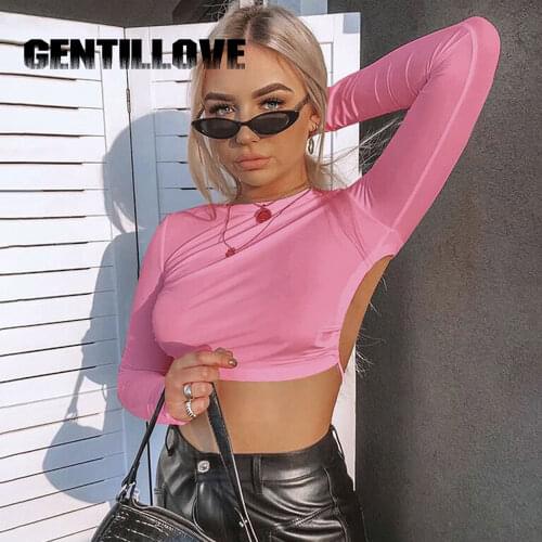 Womens Sexy Backless Crop Top Long Sleeve Tee Lace Up O Neck Female Slim Solid Harajuku T-shirt Fashion Streetwear Outfits 2021