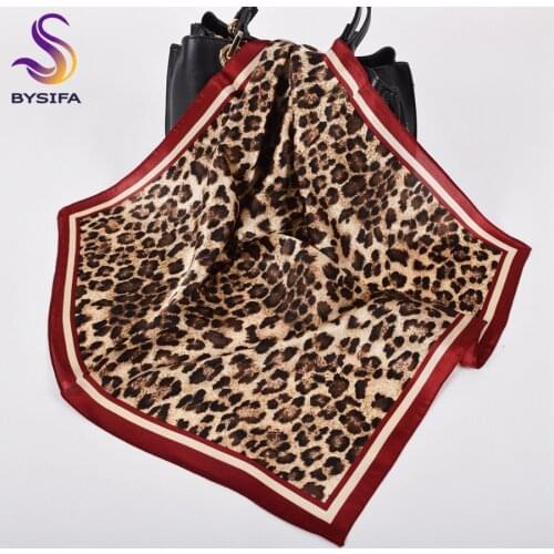 [BYSIFA]Fall Leopard Printed Natural Silk Scarf Women Sexy Wine Red And Coffee Small Square Scarves Headbands Ladies Bag Ribbons