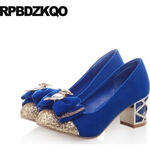 2017 Royal Blue Velvet Crystal Jewel Round Toe Kawaii Pumps Rhinestone Chunky Size 4 34 Glitter Bow High Heels Shoes Medium