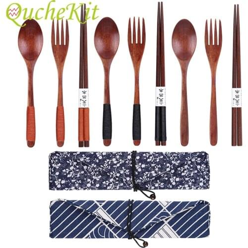 3Pcs Portable Wood Tableware With Gift Bag Outdoor Travel Cutlery Set Children Kids Dinnerware Suit Spoon Fork Chopsticks Set