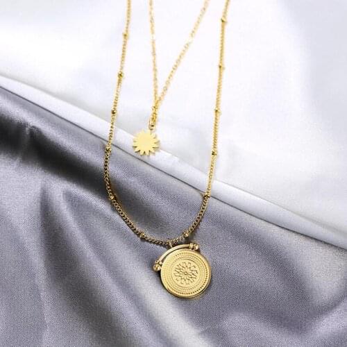 316L Stainless Steel Upscale 2 Layer Round Flowers Charms Beaded Chain Choker Necklace For Women Fashion Trend Jewelry SAN383