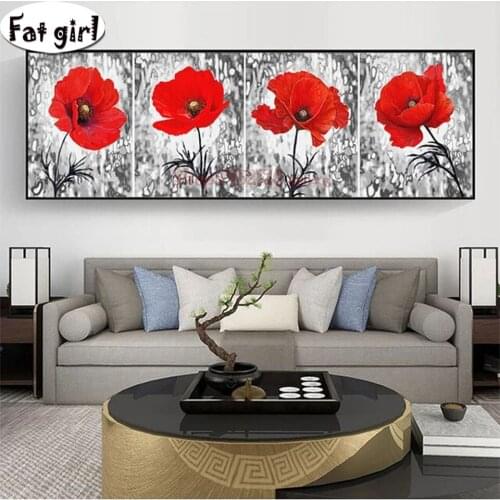 5D Round Diamond Painting Black And White Red Poppy Full Square Flowers Embroidery Mosaic Handmade Gift Cross Stitch Large Size