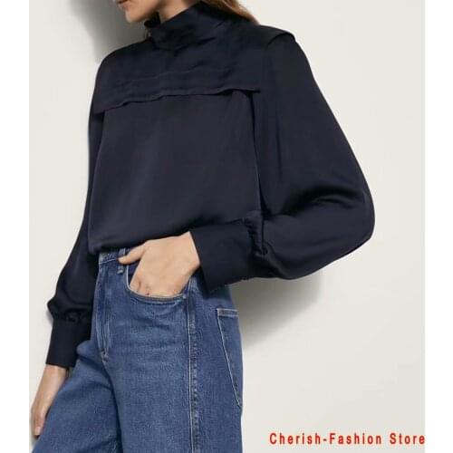 2021 Women Blue Blouse Women Autumn Satin Silk Blouses Shirts Office Lady Summer Boyfriend Free Long Sleeve Button Tops Shirts