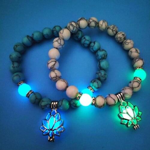 Natural Stones Bracelet Luminous Glowing In The Dark Bangle Lotus Flower Charm Bracelet for Women Yoga Prayer Buddhism Jewelry