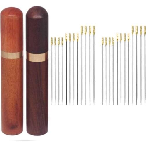 Wood Needle Holder Sewing Needle Tubes Toothpick Storage Box 24pcs Sewing Needles Gold Tail Blind Needles Self Threading Needles