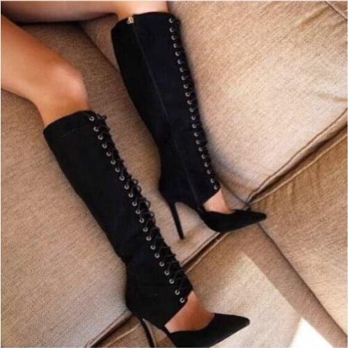Designer sexy women pointed cut outs lace up boots black suede high heeled knee high boots free shipping