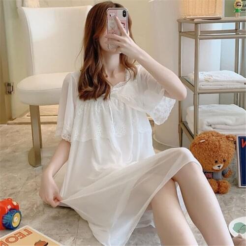 Elegant new nightwear summer short-sleeved mesh dress sweet court style Korean version of loose lace home service пижама 2020