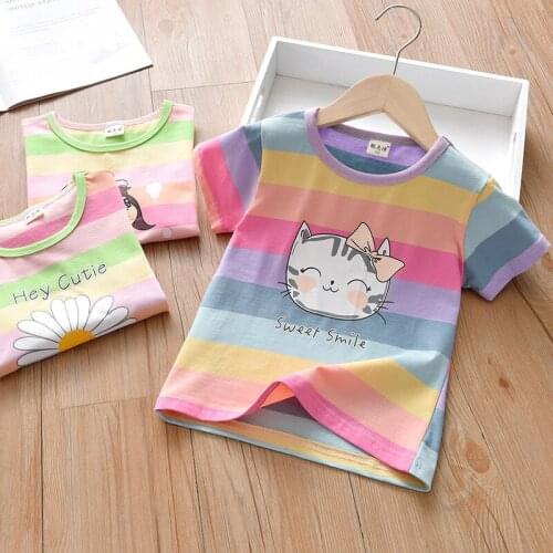 Girls Short-sleeved T-shirt Printing Round Neck Pullover New Baby Girl Rainbow Striped Top Clothes