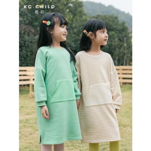 KC.Child 2020SS Latest Girls Cotton Striped Sweater Dress With Pocket Toddlers Long-sleeved Dress Casual Style Age2-13Y