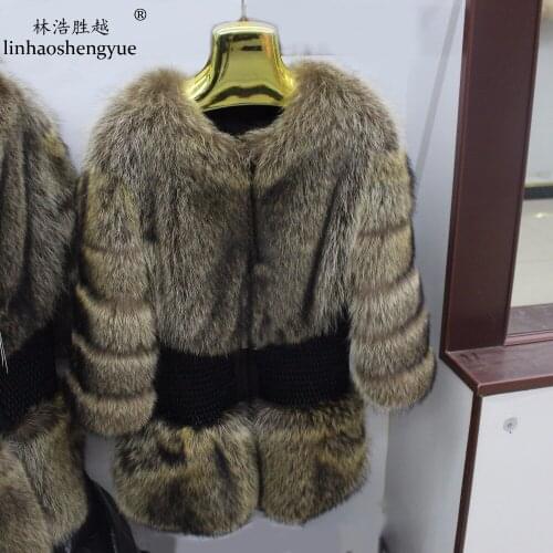 Linhaoshengyue Fashion Women Real Raccoon Fur Coat Freeshipping Warm Winter