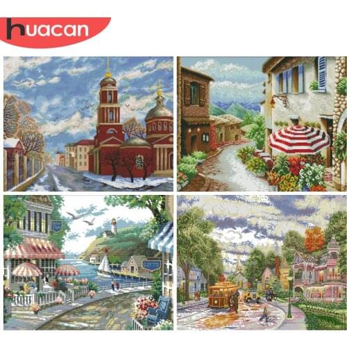 HUACAN Embroidery City Sets Cross Stitch Scenery Kits 11CT 14CT DIY Gift White Canvas Needlework Home Decoration
