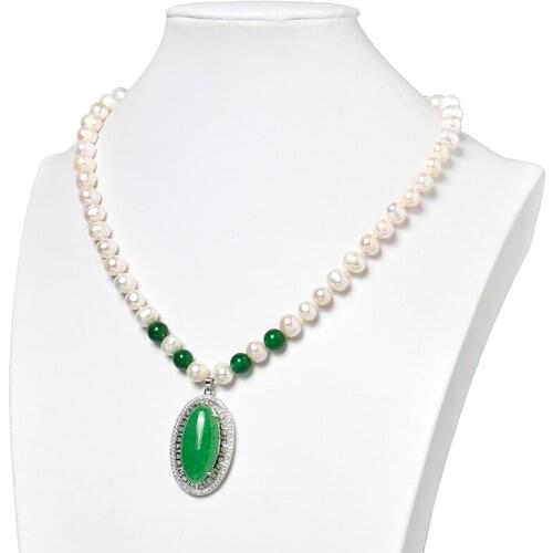 Natural Freshwater Pearls 8-9mm with 25x39x10mm Green Oval Pendant Making Diy White Pearls Necklace 18inch H506